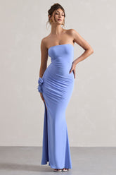 Blue Ruched Bandeau Split Maxi Dress With Flowers